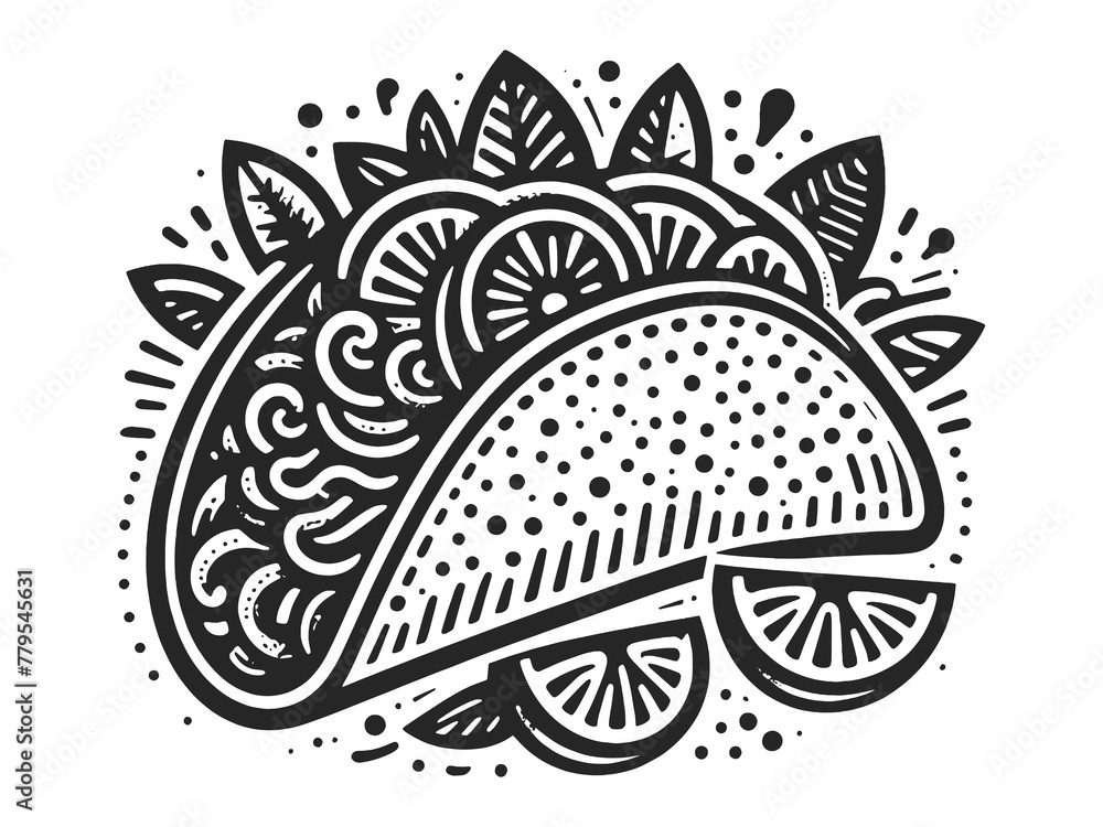 taco surrounded by ingredients and sauces, highlighting Mexican cuisine sketch engraving generative ai raster illustration. Scratch board imitation. Black and white image. taco surrounded by ingredients and sauces, highlighting Mexican cuisine sketch engraving generative ai raster illustration. Scratch board imitation. Black and white image.