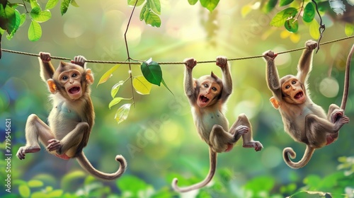Playful monkeys swinging from vines  AI generated illustration photo