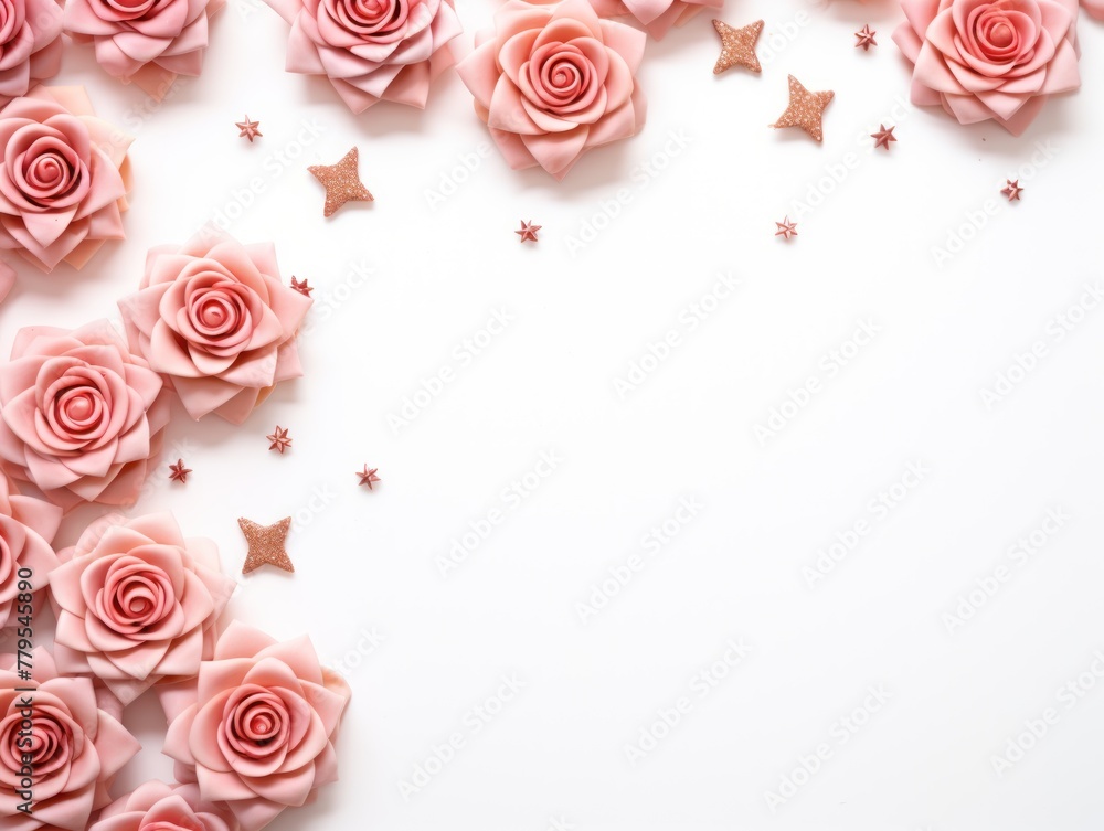 rose stars frame border with blank space in the middle on white background festive concept celebrations backdrop with copy space for text photo or presentation