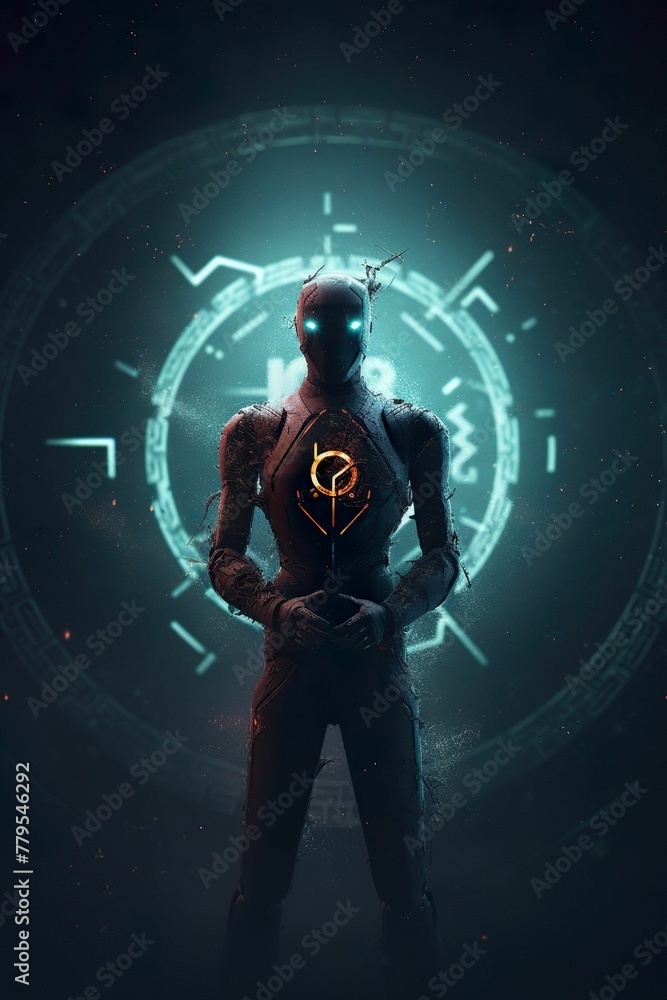 AI generated illustration of a male robot figure with glowing eyes AI generated illustration of a male robot figure with glowing eyes