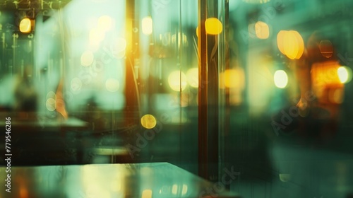 Warm bokeh lights blurred behind a clear glass pane in an urban café setting.