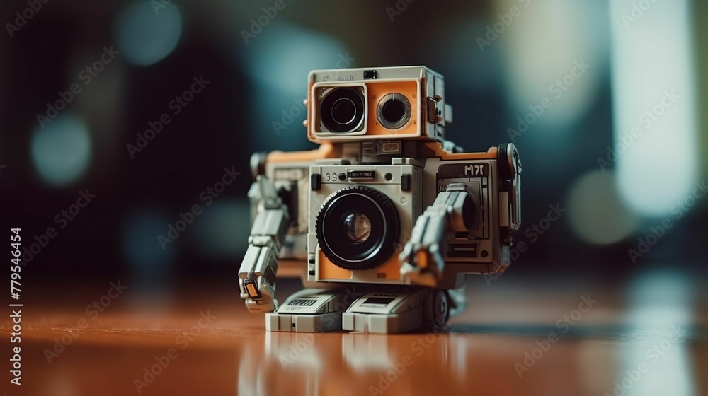 AI generated illustration of a modern robot with several cameras on a flat surface