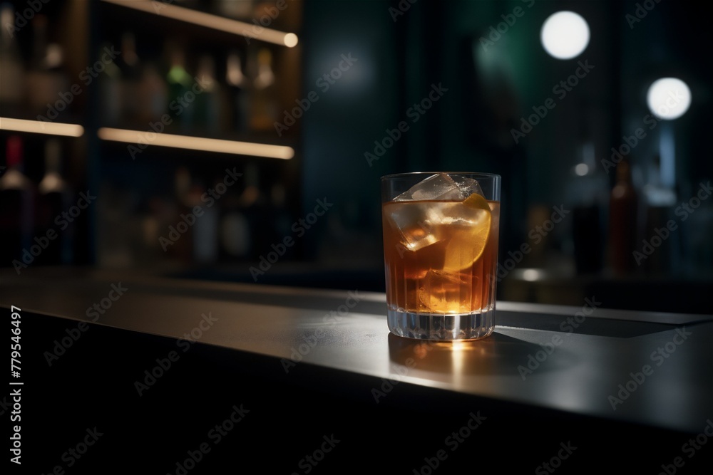 AI generated illustration of a whisky glass with ice cubes on a wooden surface AI generated illustration of a whisky glass with ice cubes on a wooden surface