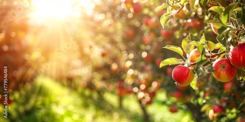 Vibrant red apples hanging in a sun-drenched orchard, leaves glistening with golden sunlight.
