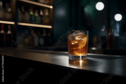 AI generated illustration of a whisky glass with ice cubes on a wooden surface