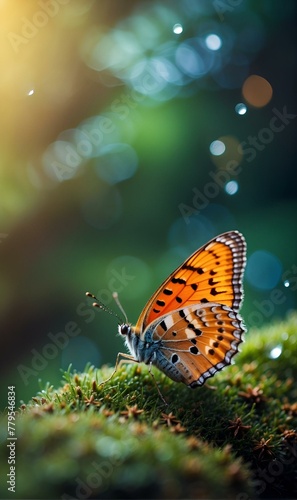 a butterfly is sitting on top of the moss covered ground