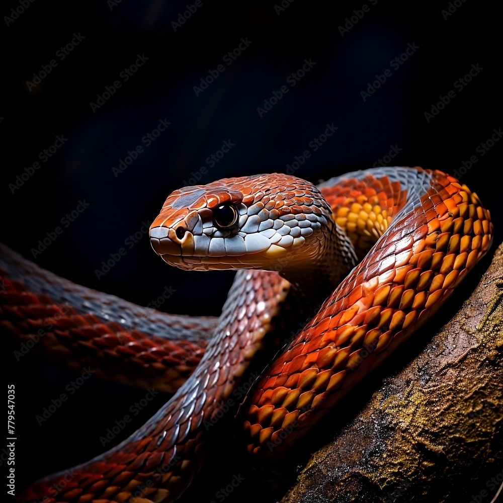 AI generated illustration of an orange snake perched on a tree branch among the foliage AI generated illustration of an orange snake perched on a tree branch among the foliage