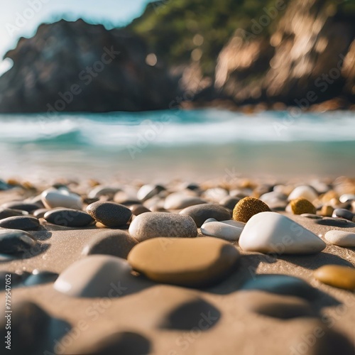 AI generated illustration of a stone beach with rocks and a small bird perched on the shore