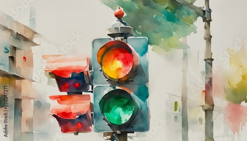 Watercolor painting of a traffic signal showing red and green lights simultaneously against an abstract urban background, ideal for transportation and city life themes