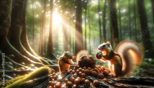 for advertisement and banner as Forest Foragers Squirrels gathering nuts in a forest depicting the cycle of life and foraging. in Pet Behavior theme ,Full depth of field, high quality ,include copy sp