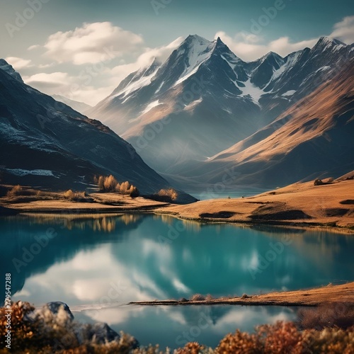 AI generated illustration of a serene turquoise lake nestled between majestic mountain peaks