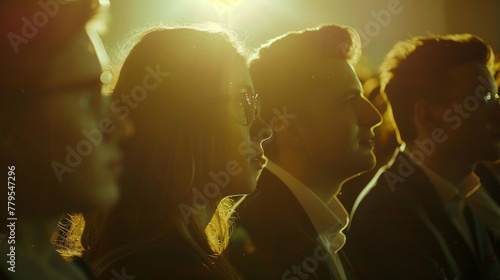 Silhouettes of young professionals in stylish attire illuminated by golden sunset light. photo