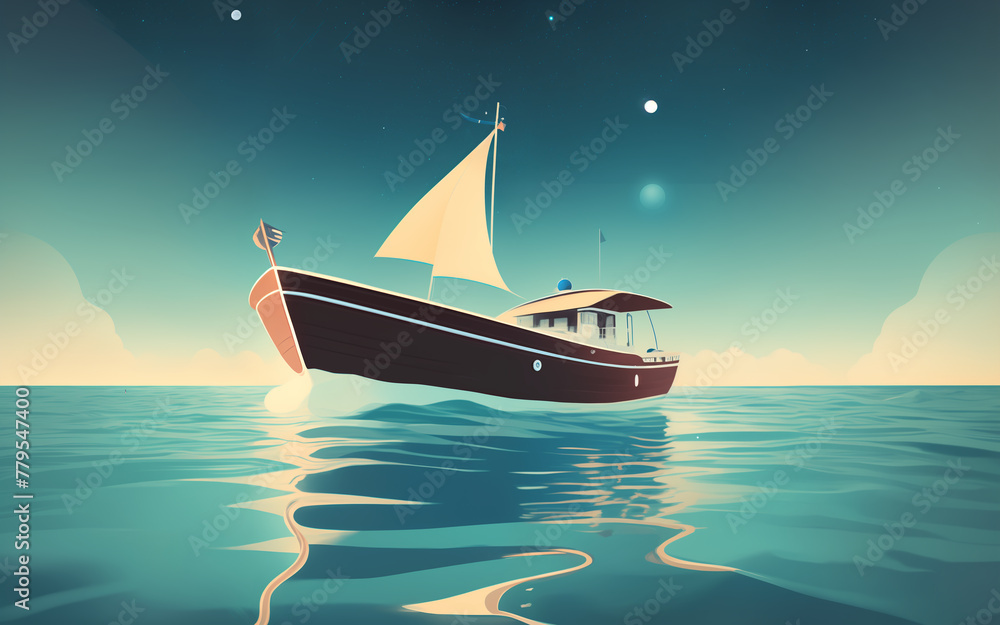 AI generated illustration of a sailboat gliding across the ocean under the stars