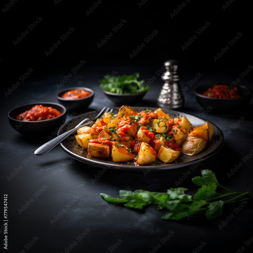 Fototapeta premium this is food sitting on the black plate by some condiments