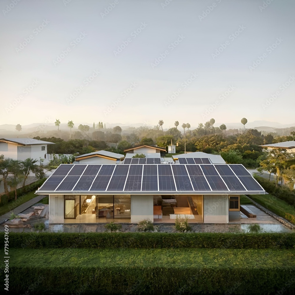 AI generated illustration of a suburban house featuring solar panels on its roof