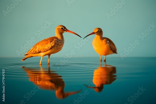 AI-generated illustration of a pair of orange birds in a tranquil lake. © Wirestock