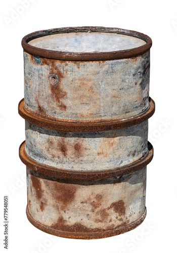 Old rusty metal fuel barrel on white