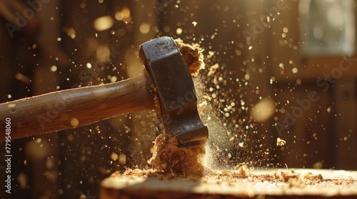 Sunlight glints on a vintage hammer mid-strike on oak, sawdust airborne, essence of craftsmanship