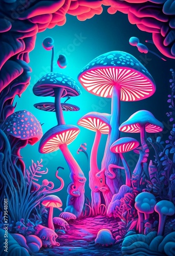 AI generated illustration of a neon-colored mushroom illuminated among lush trees and plants