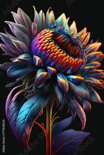 AI-generated illustration of a vibrant sunflower against a solid black backdrop. photo