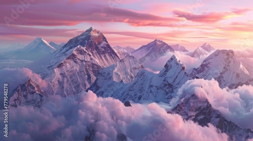 Panoramic drone view of a solitary climber on Everest, surrounded by an endless sea of peaks under a pink-hued sky. photo