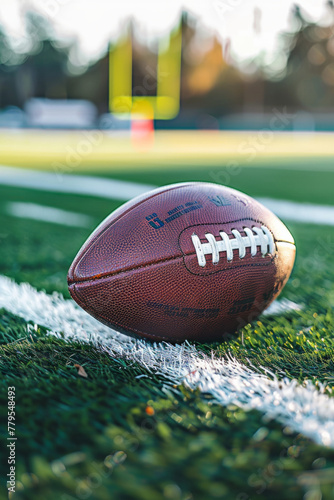 A closeup of an american football on a football field