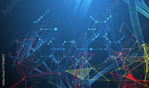 Sci-fi background. Wireframe dynamic pipes with the use of colored plexus effect and hexagons.