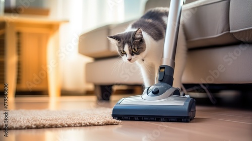 Woman Vacuuming Carpet, Cat Watching Closely Nearby. photo