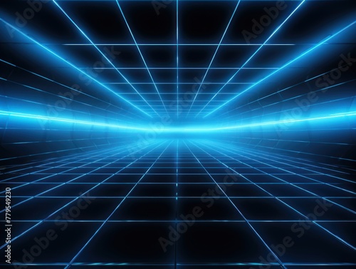 sky blue light grid on dark background central perspective, futuristic retro style with copy space for design text photo backdrop