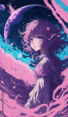 AI generated girl in the middle of the pink universe