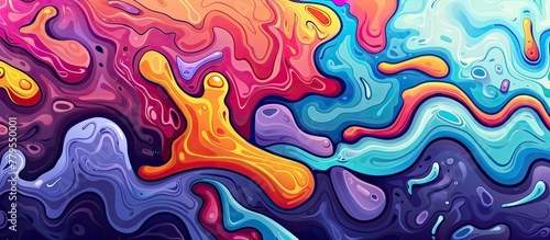 Violet waves and swirls on an azure background create a colorful abstract painting resembling the movements of musical instruments and organisms photo
