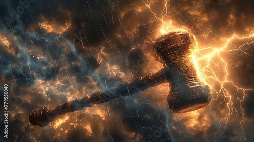 A majestic hammer striking down with lightning power, symbolizing swift justice, against a stormy sky backdrop photo