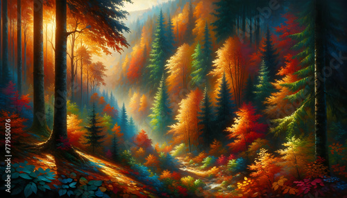 Photo real as Autumn Tapestry A tapestry of autumn foliage in vibrant hues paints the forest. in nature and landscapes theme  for advertisement and banner  Full depth of field  high quality  include c