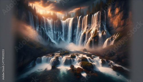 Photo real as Cascade Majesty A panoramic waterfall cascading with a roar into the abyss. in nature and landscapes theme ,for advertisement and banner ,Full depth of field, high quality ,include copy 