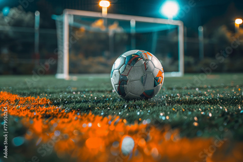 A closeup of a football on a football field