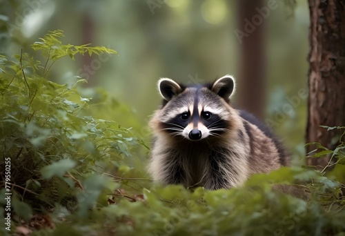 a raccon is in the green forest looking at you
