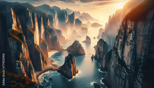 Photo real as Cliffside Majesty Coastal cliffs stand tall a testament to nature sculpting. in nature and landscapes theme ,for advertisement and banner ,Full depth of field, high quality ,include copy photo