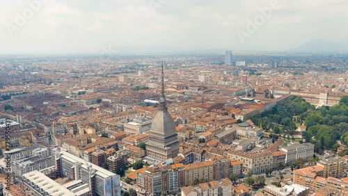 Turin  Italy. Mole Antonelliana - Majestic building from the 19th century. Panorama of the city. Summer day  Aerial View