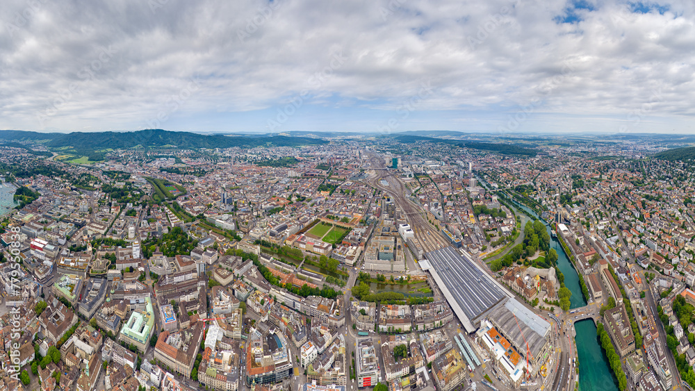 Zurich, Switzerland. Panorama of the city in cloudy weather. Summer day. Aerial view