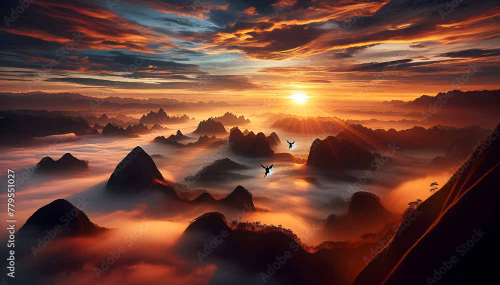 Photo real as Dawn Promise Embrace the sunrise horizon where each day promise unfolds. in nature and landscapes theme ,for advertisement and banner ,Full depth of field, high quality ,include copy spa - obrazy, fototapety, plakaty 