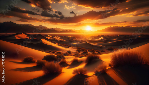 Photo real as Desert Dusk The desert sunset casts a golden glow over an untouched landscape. in nature and landscapes theme ,for advertisement and banner ,Full depth of field, high quality ,include co