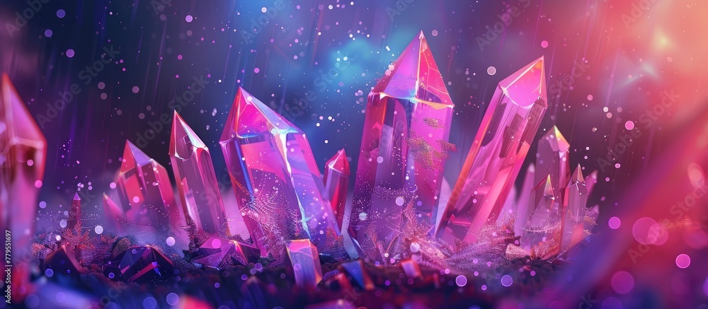 A mix of purple, pink, and magenta crystals create a vibrant display on a dark background resembling an underwater garden filled with electric blue plants and violet petals - obrazy, fototapety, plakaty 