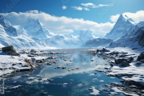 3d computer artwork of an icy snowy valley and the mountains in the background