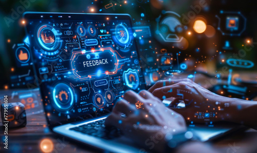 Futuristic concept showcasing importance of feedback in digital age, with hand typing on a laptop and glowing icons representing the continuous flow of feedback and communication in the online world photo