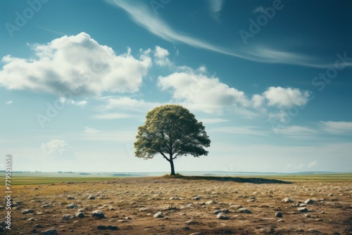 a lone tree sitting in an open field with rocks around it