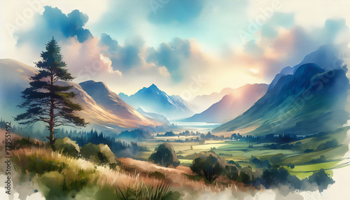 Photo real as Highland Harmony A harmonious blend of watercolor highland terrains. in nature and landscapes theme ,for advertisement and banner ,Full depth of field, high quality ,include copy space o