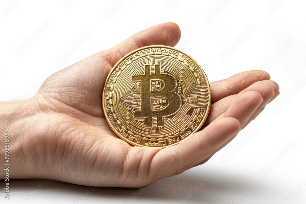 Holding a golden bitcoin isolated on a white background. Holding a golden bitcoin isolated on a white background.