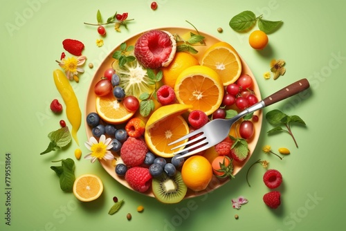 AI generated illustration of a plate with a variety of fresh  colorful fruit on a green background
