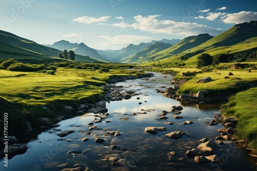 a valley with grass and rocks and a river running through it