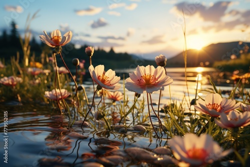 some pink flowers in water near trees and the sun, © Wirestock